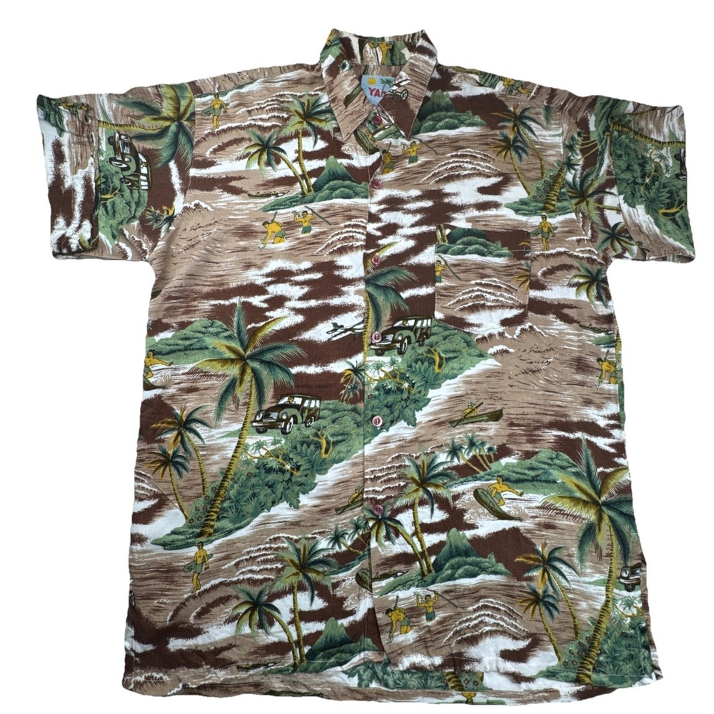Yahoo Button Down Shirt Tropical Island Surf Print XL Brown‎ Green Short Sleeve